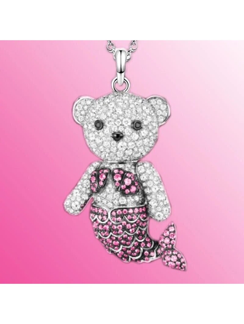 Pretty Mermaid Lover Sparkling Mermaid Bear Pendant Necklace 18 inches